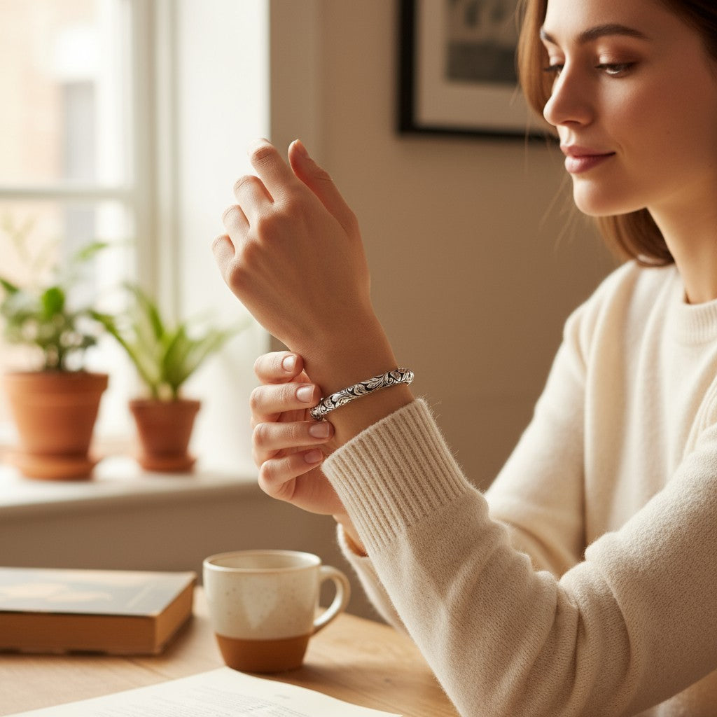 Engraved Sterling Silver Leaf Cuff Bracelet