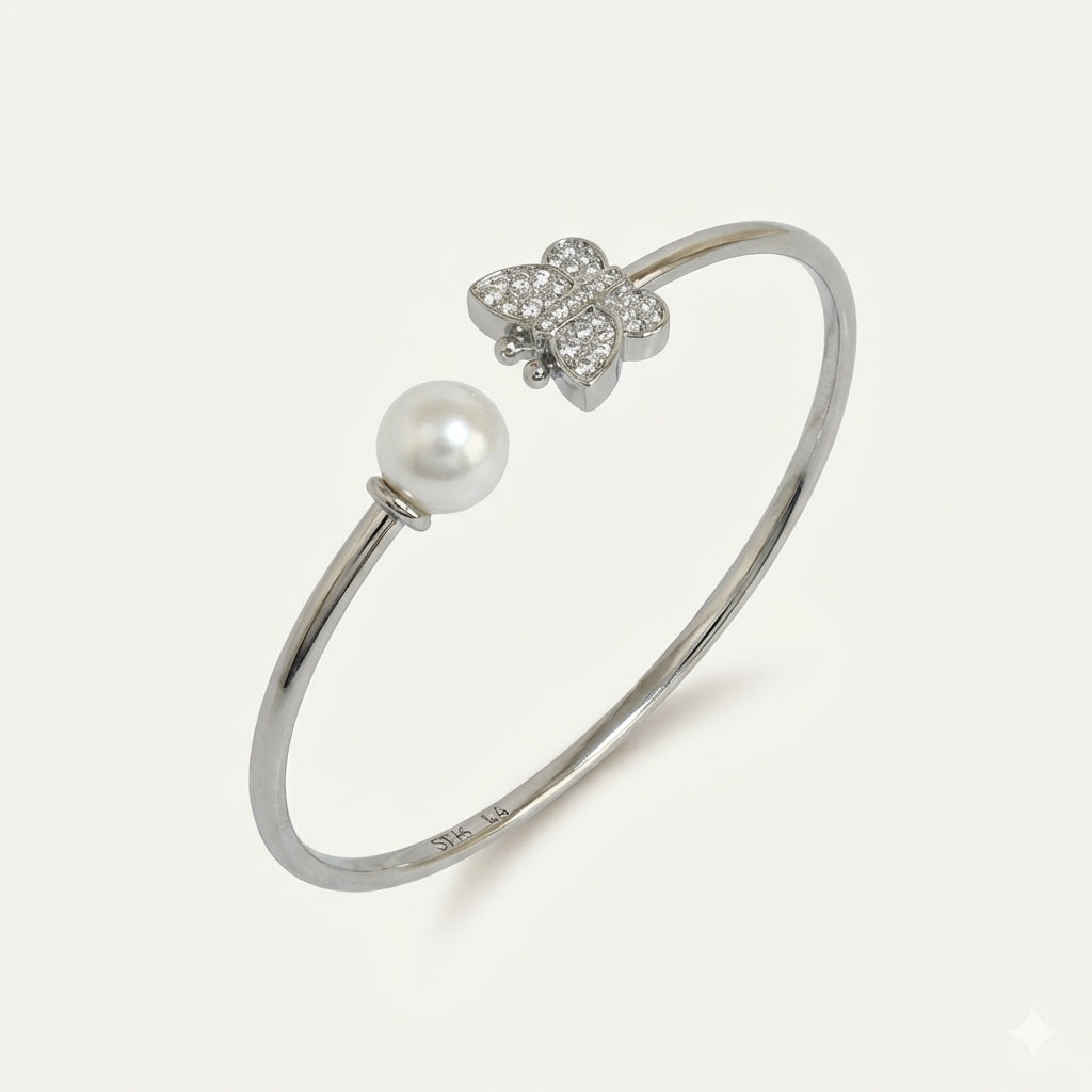ZEVARAZ Nira Pearl & Butterfly Silver Bracelet