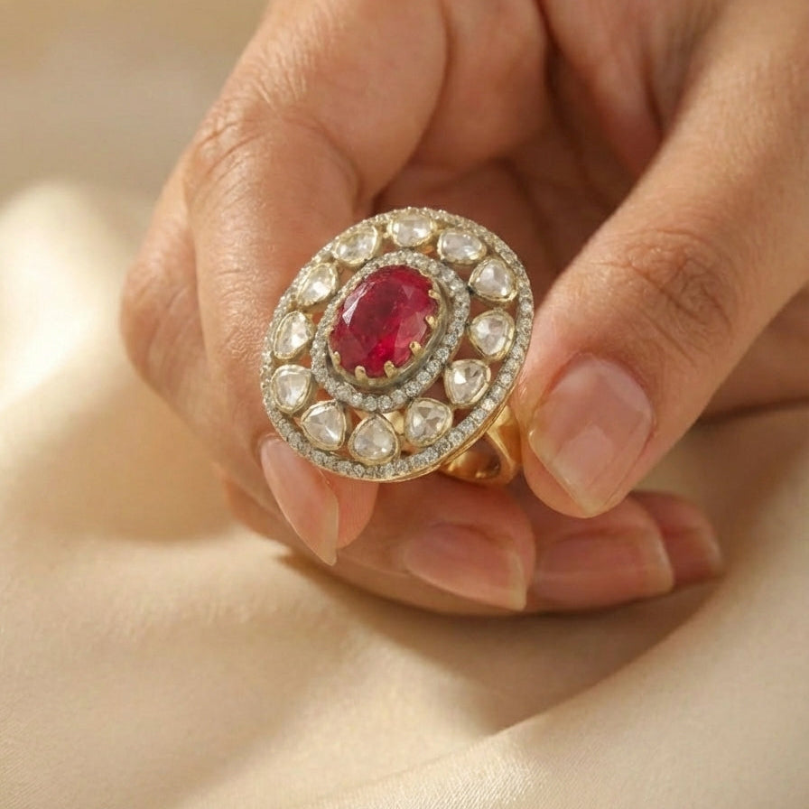 ZEVARAZ Aabha Classic Kundan Silver Ring