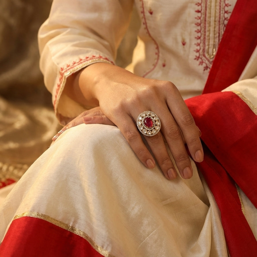 ZEVARAZ Aabha Classic Kundan Silver Ring