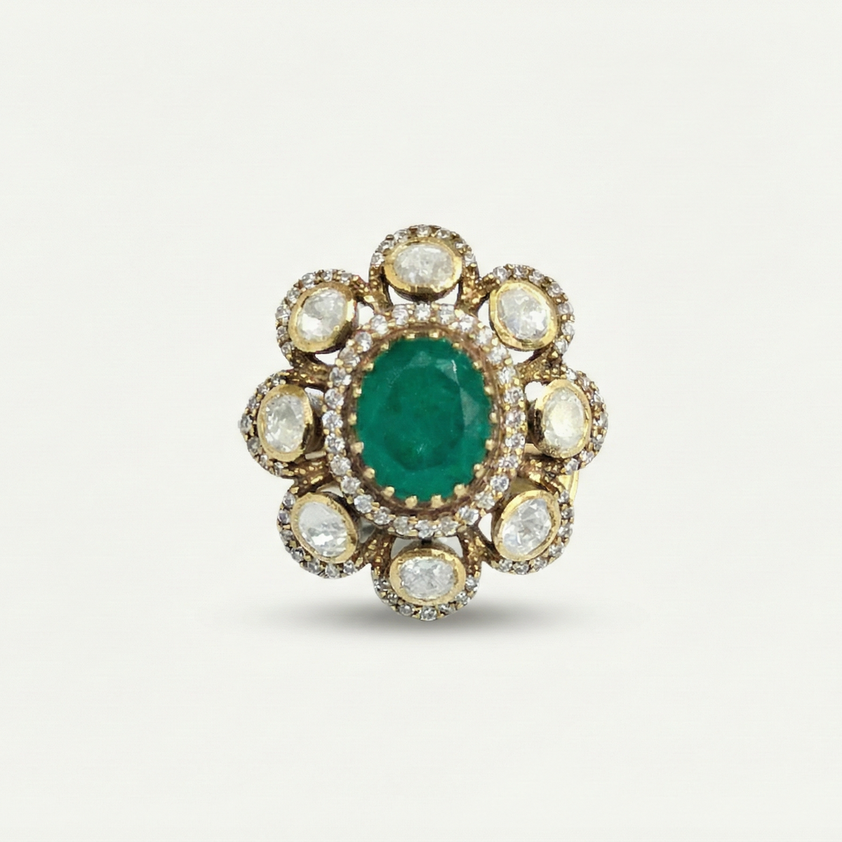ZEVARAZ Aabha Panna Pushp Kundan Silver Ring