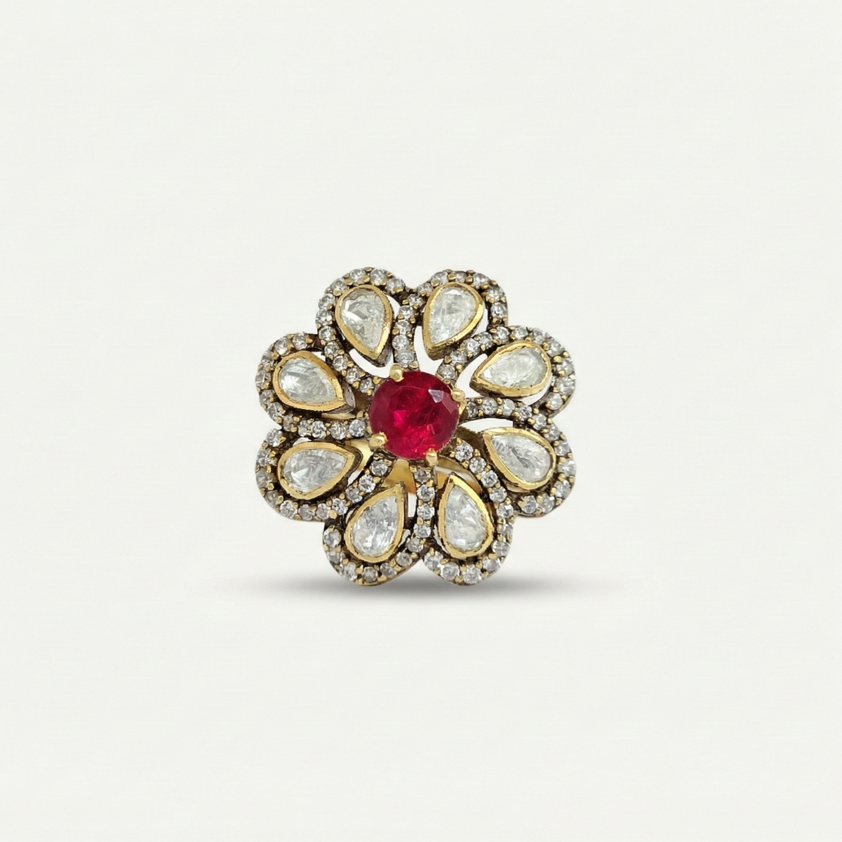 ZEVARAZ Aabha Manak Classic Kundan Silver Ring