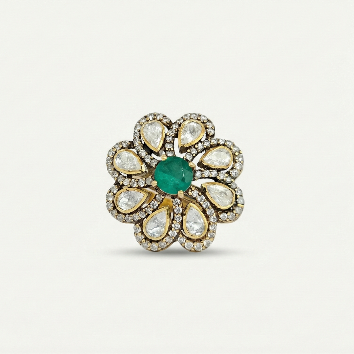 ZEVARAZ Aabha Panna Classic Kundan Silver Ring