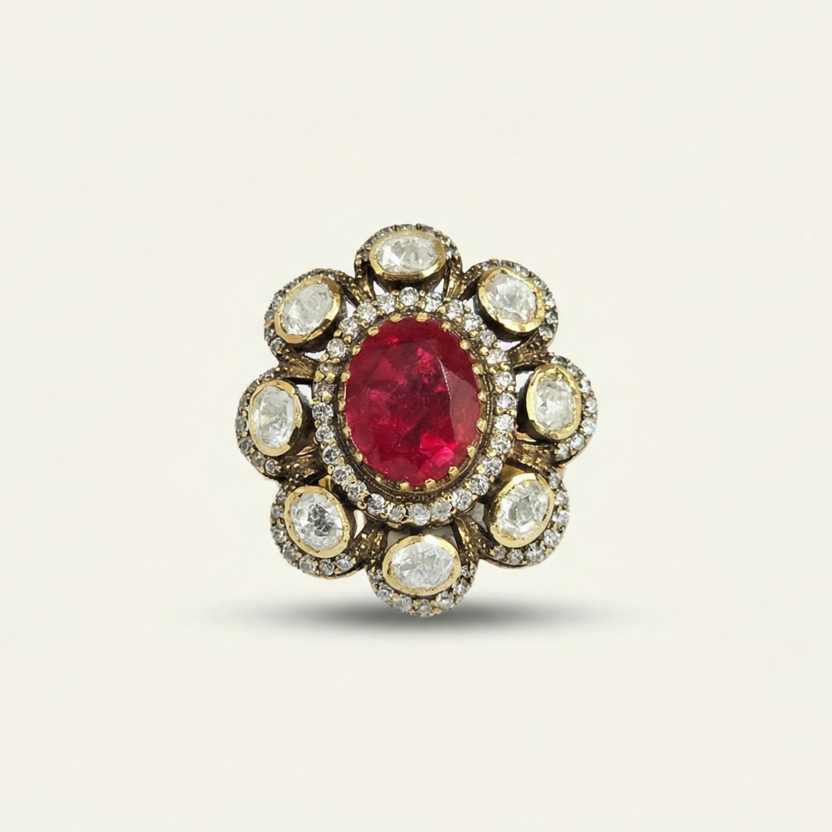 ZEVARAZ Aabha Manak Pushp Kundan Silver Ring