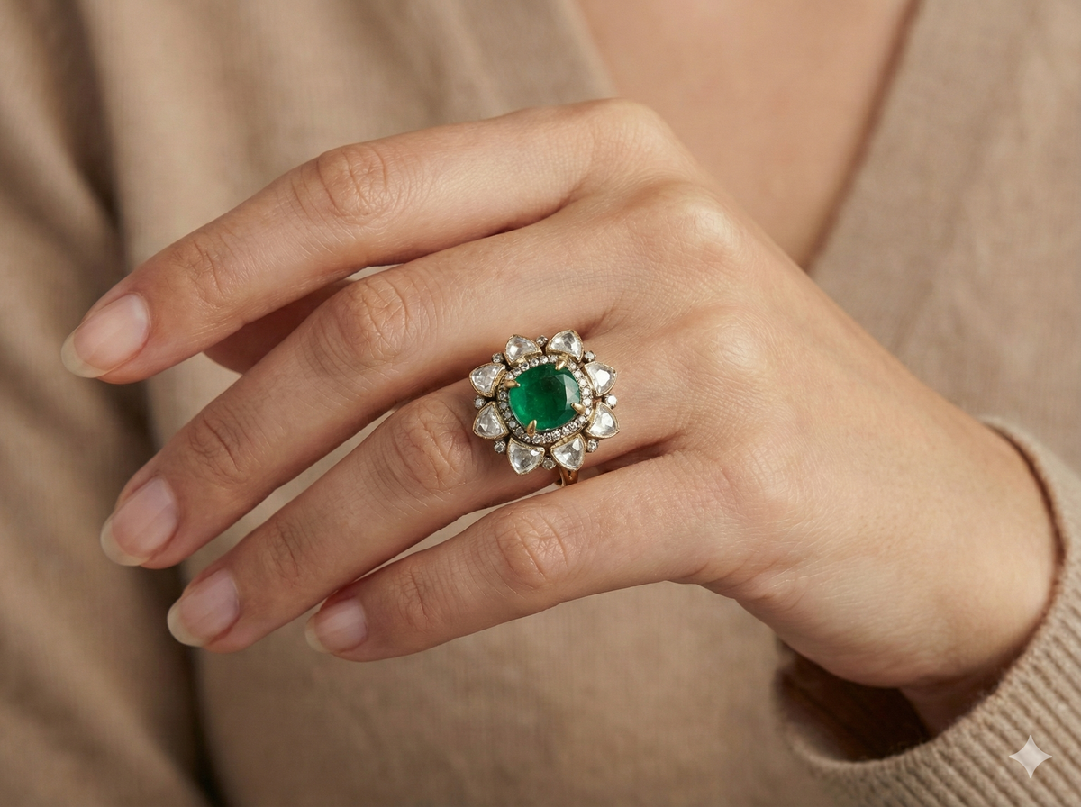 ZEVARAZ Aabha Panna Kamal Kundan Silver Ring