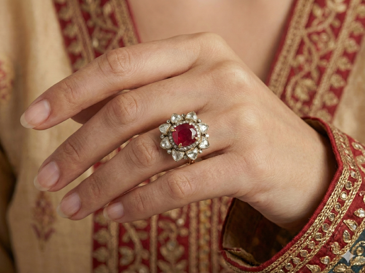 ZEVARAZ Aabha Manak Kamal Kundan Silver Ring