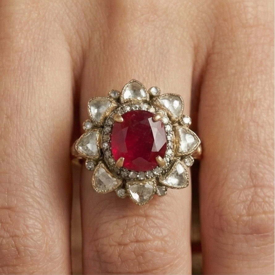 ZEVARAZ Aabha Manak Kamal Kundan Silver Ring