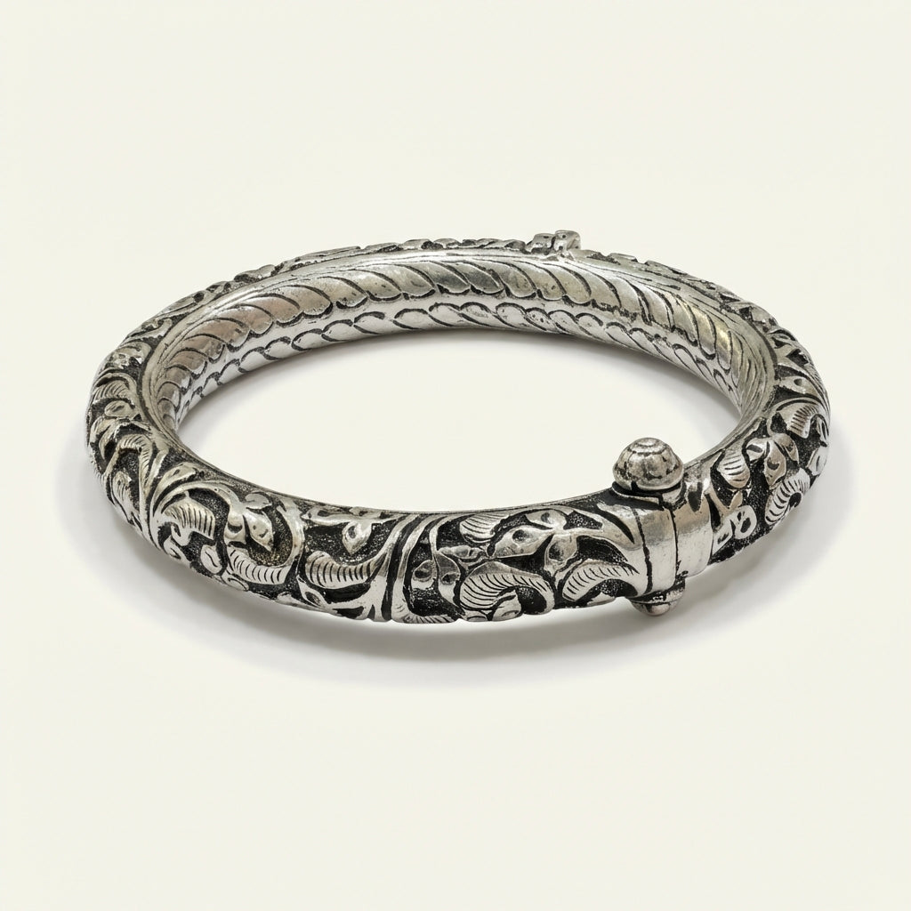ZEVARAZ Kala Classic Openable Oxidised Silver Bangle - Zevaraz