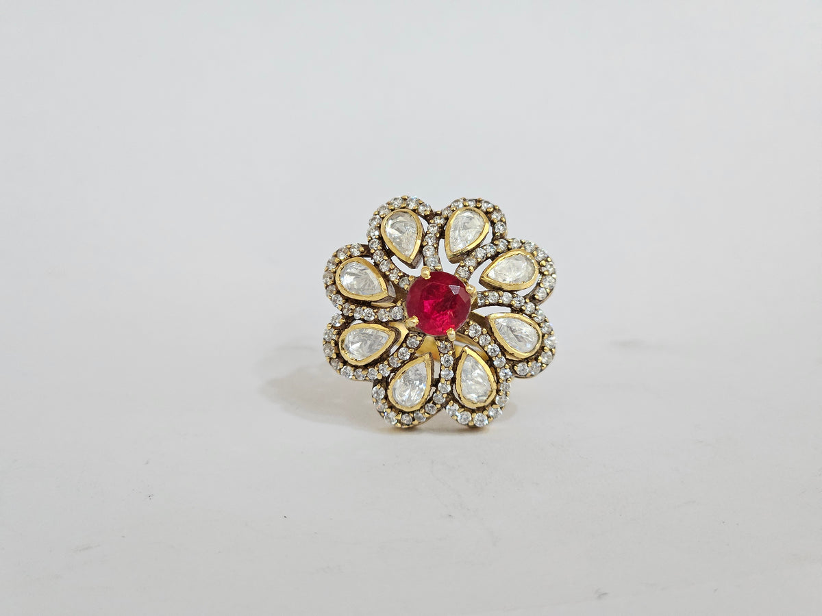 ZEVARAZ Aabha Manak Bindu Kundan Silver Ring - studio photograph 1