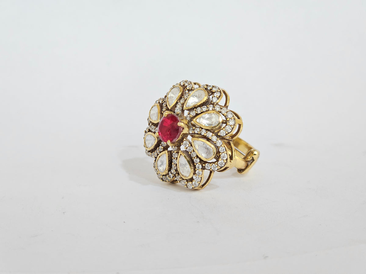 ZEVARAZ Aabha Manak Bindu Kundan Silver Ring - studio photograph 2