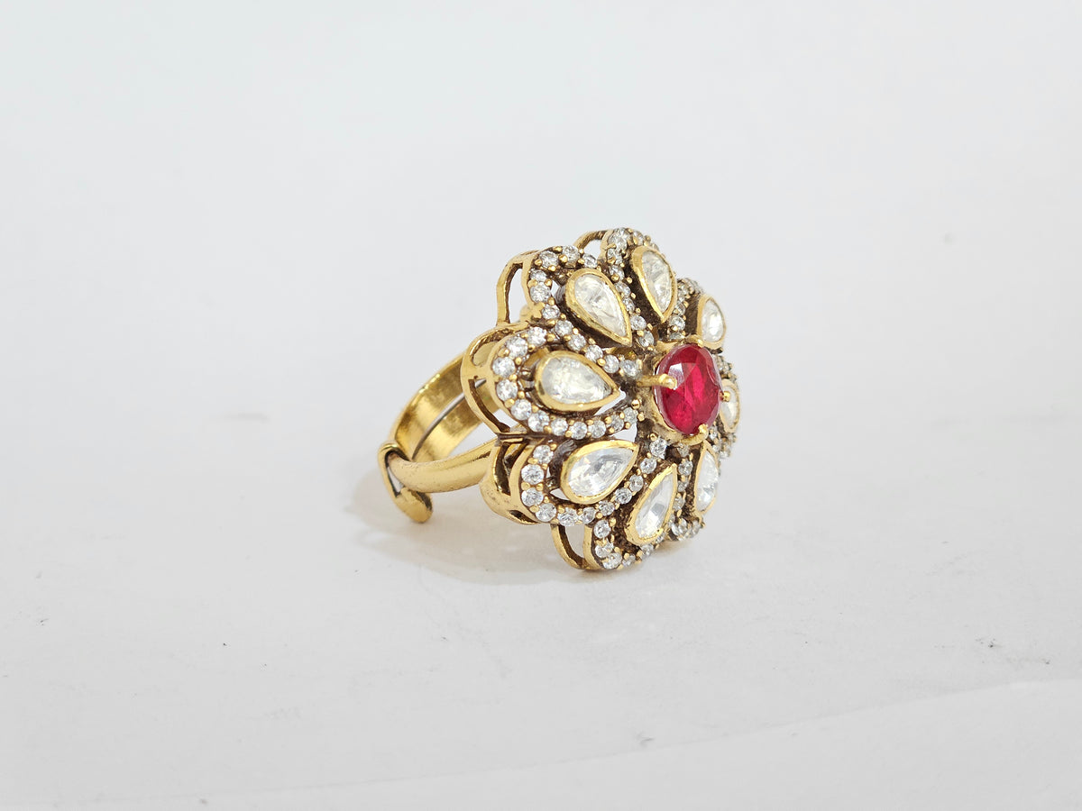 ZEVARAZ Aabha Manak Bindu Kundan Silver Ring - studio photograph 3