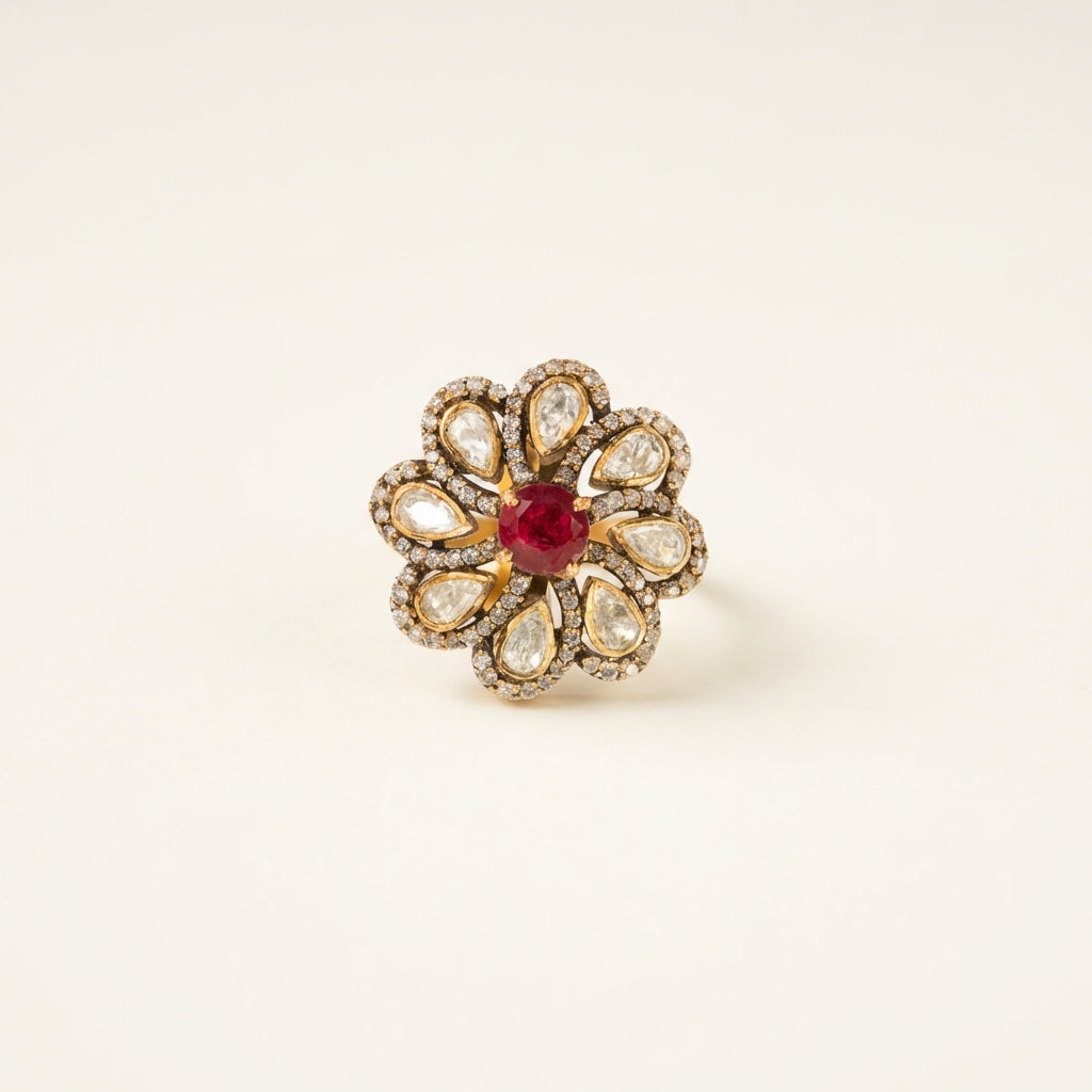 ZEVARAZ Aabha Manak Bindu Kundan Silver Ring - catalog view 1