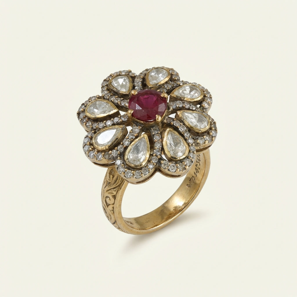 ZEVARAZ Aabha Manak Bindu Kundan Silver Ring - catalog view 2