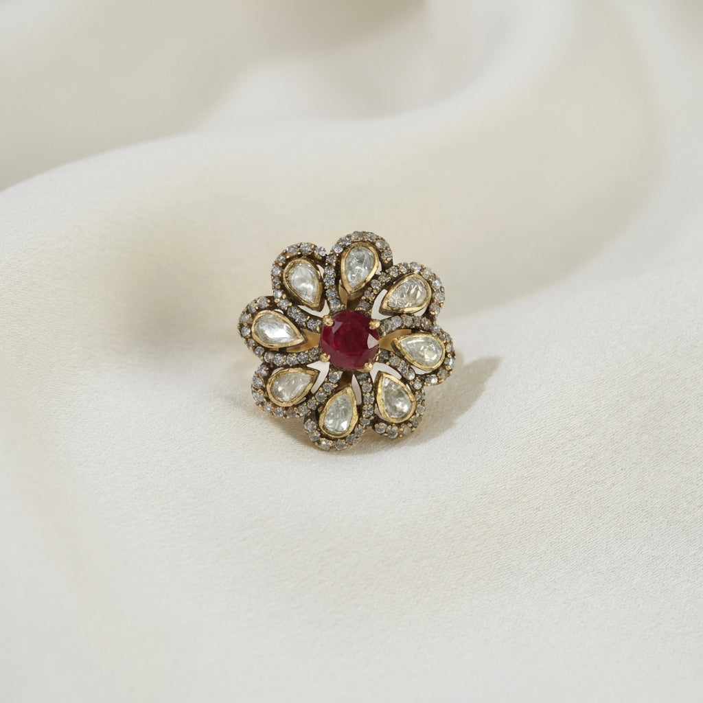 ZEVARAZ Aabha Manak Bindu Kundan Silver Ring - catalog view 3