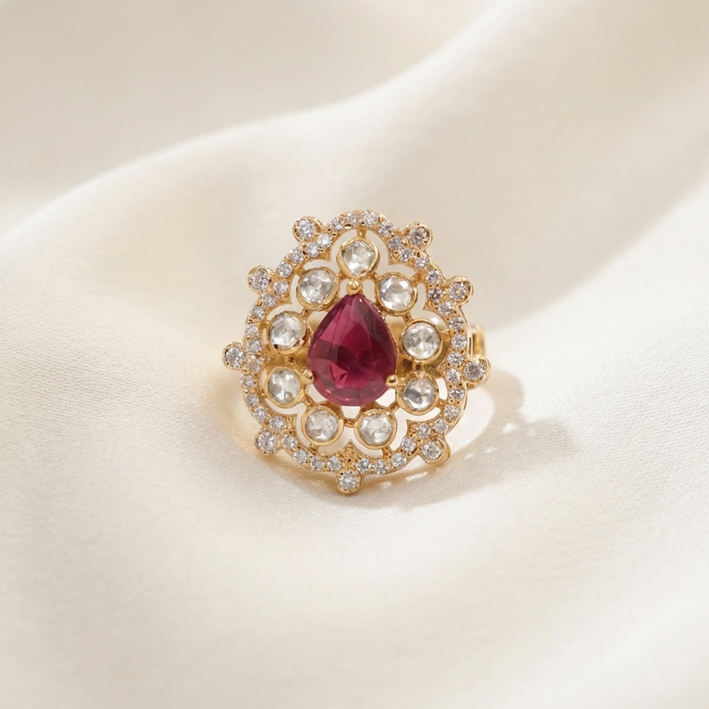 ZEVARAZ Aabha Gulaab Boond Kundan Silver Ring - catalog view 3