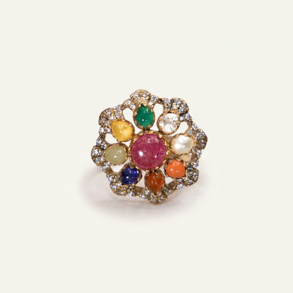 Front catalog view of the ZEVARAZ Aabha Navratna Kundan Silver Ring