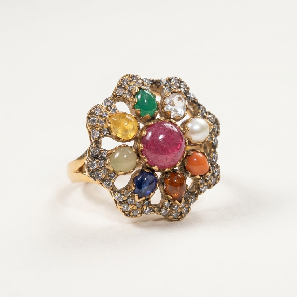 Angled view of the ZEVARAZ Aabha Navratna Kundan Silver Ring