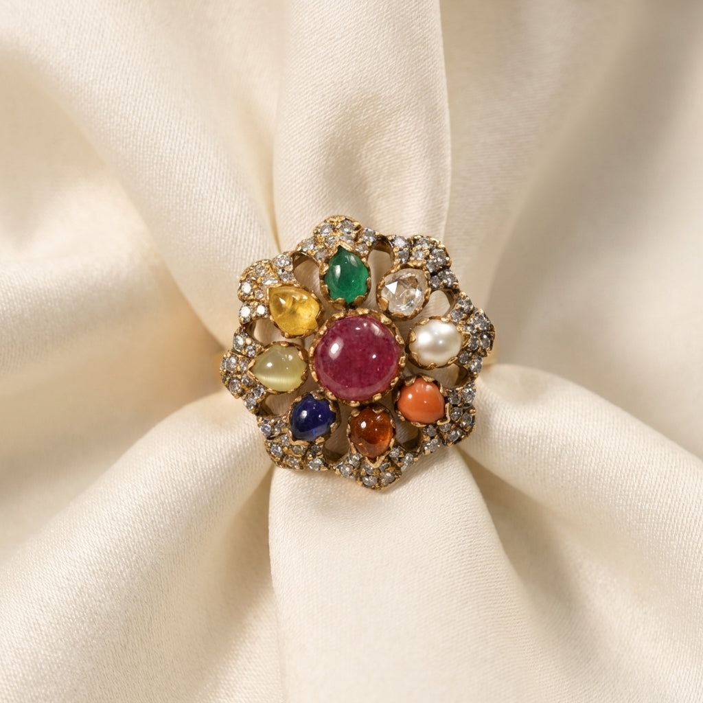 Side profile view of the ZEVARAZ Aabha Navratna Kundan Silver Ring