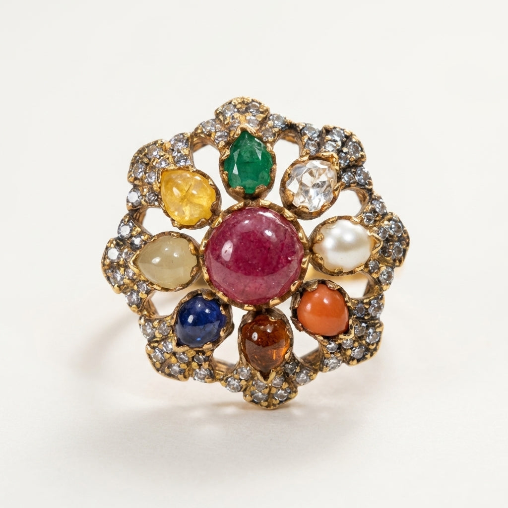 Close-up of the navratna kundan stone setting on the ZEVARAZ Aabha Navratna Kundan Silver Ring