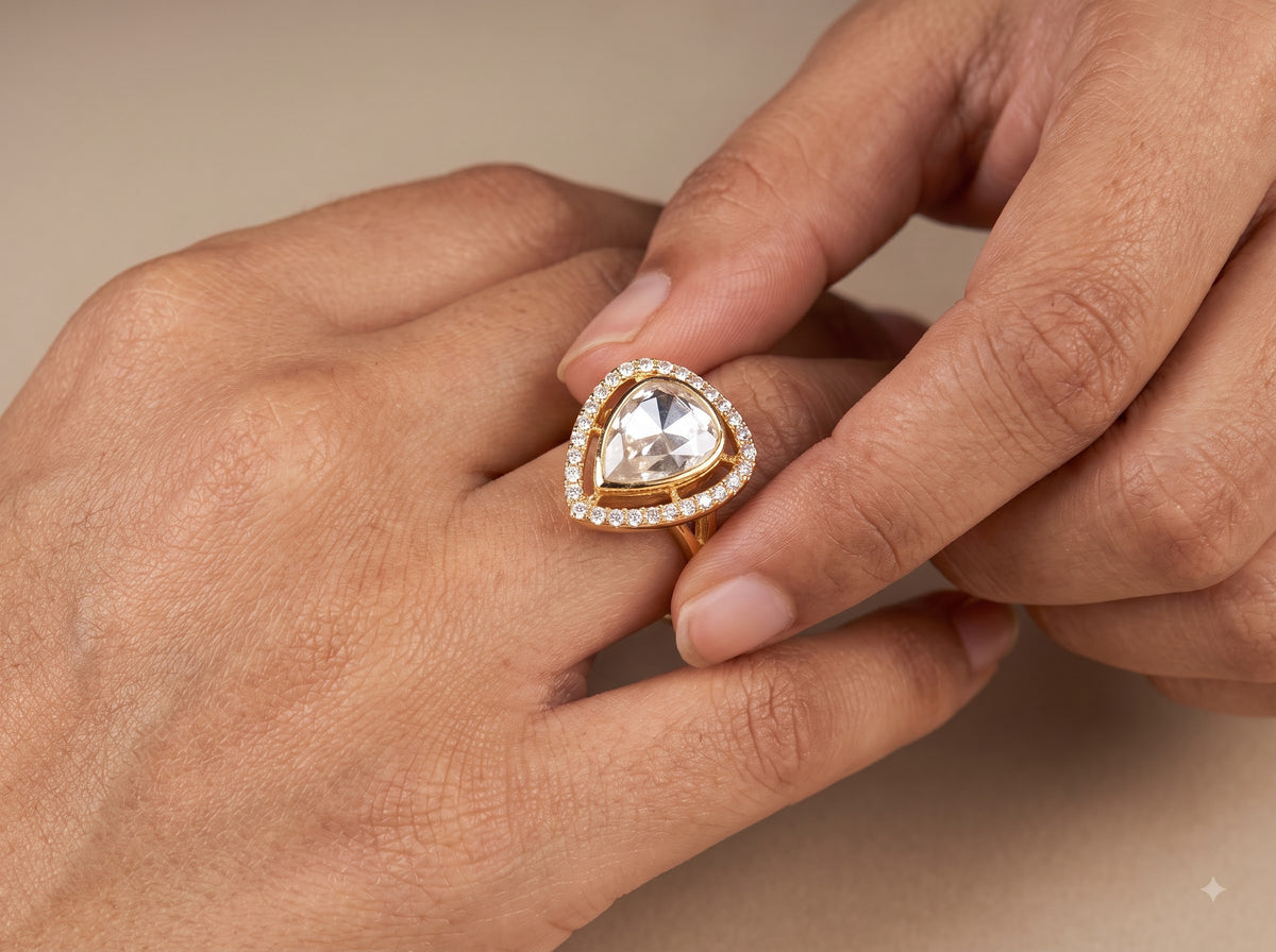 Angled studio view of the ZEVARAZ Aabha Boond Polki Silver Ring