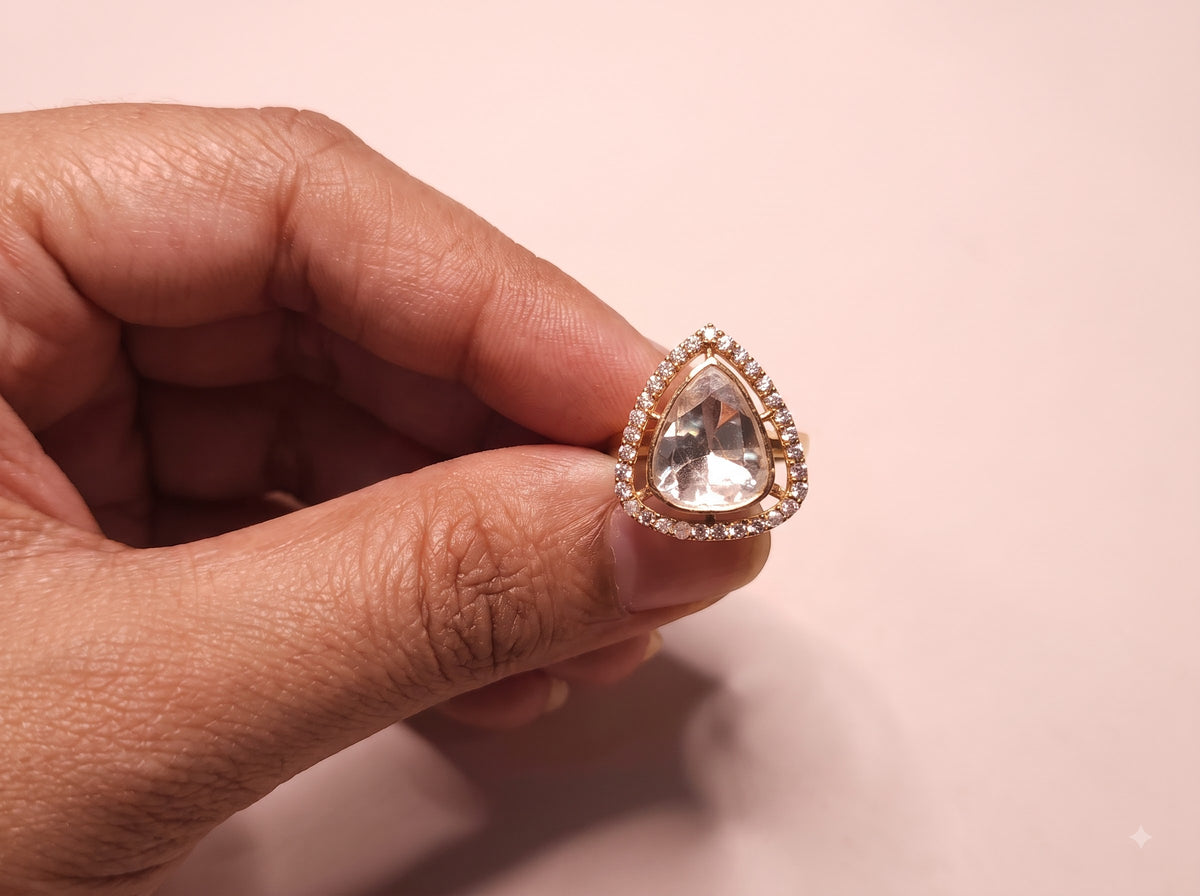 Side profile view of the ZEVARAZ Aabha Boond Polki Silver Ring