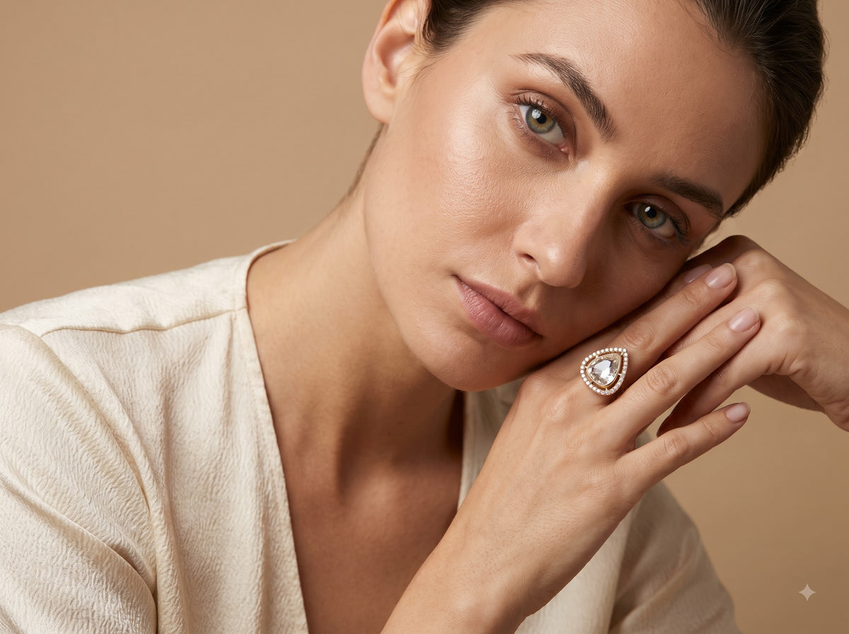 Top-down view of the ZEVARAZ Aabha Boond Polki Silver Ring