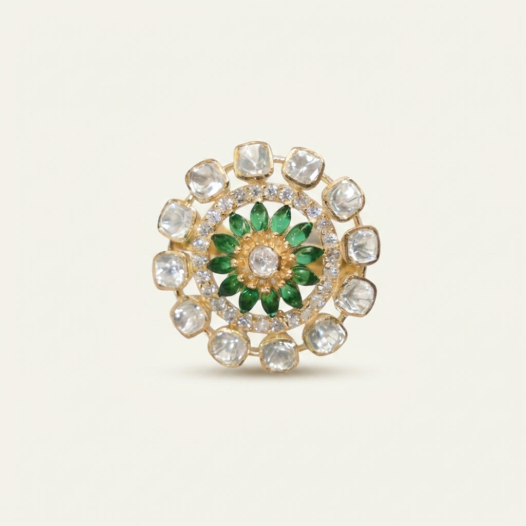 Front catalog view of the ZEVARAZ Aabha Panna Bahaar Kundan Silver Ring