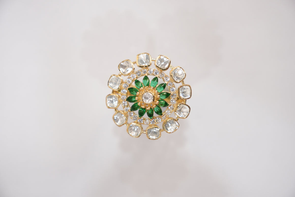 Studio photograph of the ZEVARAZ Aabha Panna Bahaar Kundan Silver Ring