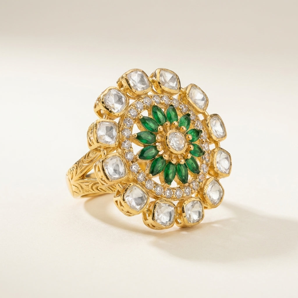 Angled three-quarter view of the ZEVARAZ Aabha Panna Bahaar Kundan Silver Ring showing the band