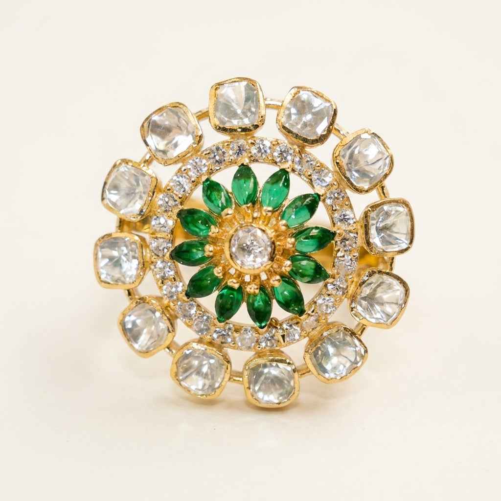 Close-up front view of the ZEVARAZ Aabha Panna Bahaar Kundan Silver Ring