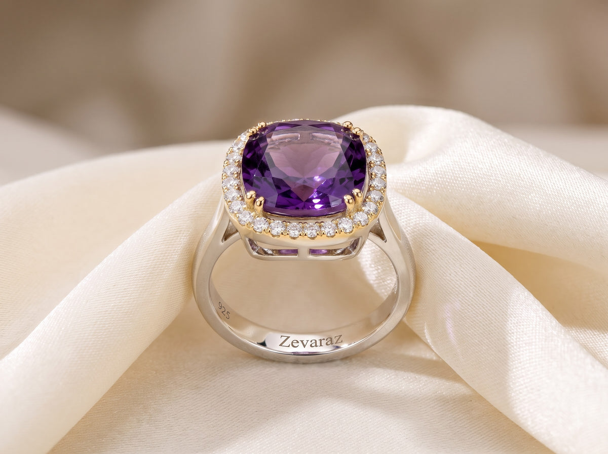 The ZEVARAZ Ratna Jamuni Chand Silver Ring styled on a silk surface