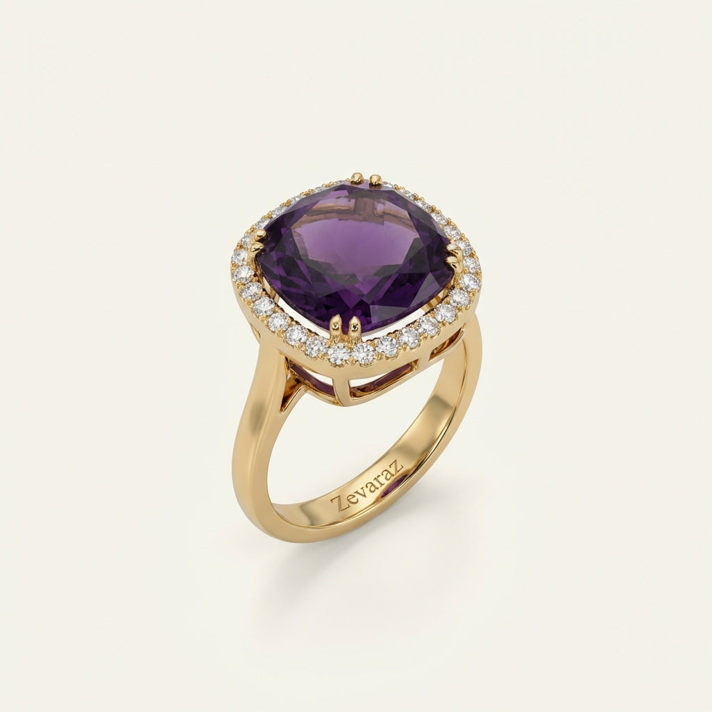 Angled view of the ZEVARAZ Ratna Jamuni Chand Silver Ring showing the purple crescent stone