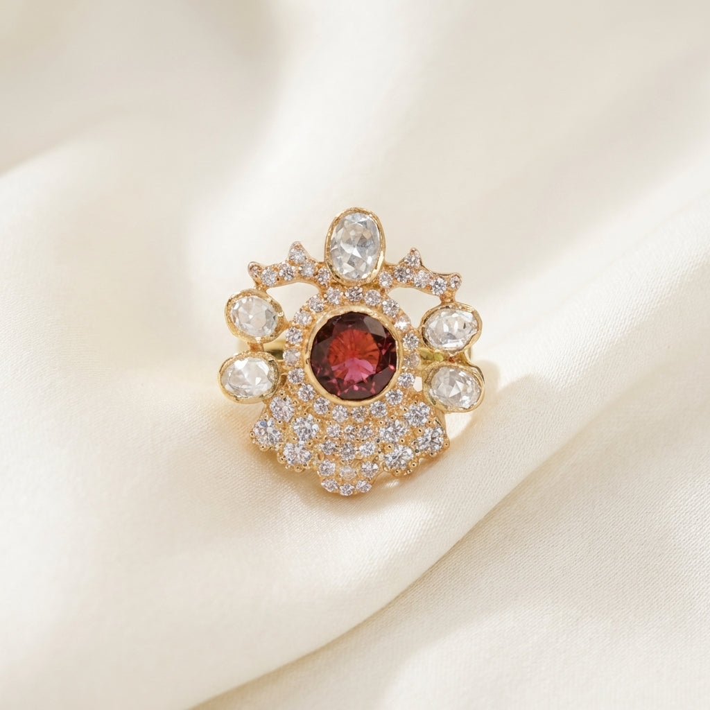 Detail shot of the kundan stonework on the ZEVARAZ Aabha Mor Mukut Kundan Silver Ring