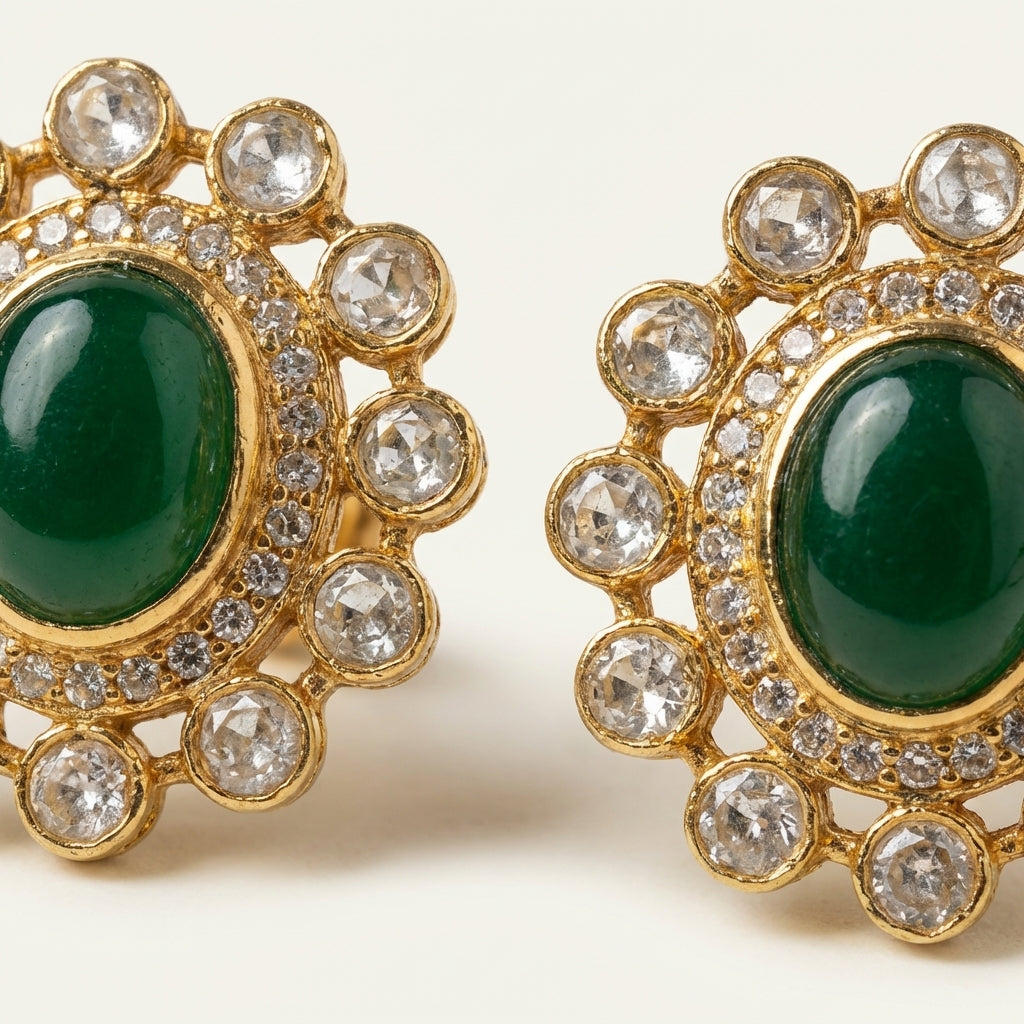 ZEVARAZ Aabha Bahar Studs, close view of the green cabochon and clear stone ring