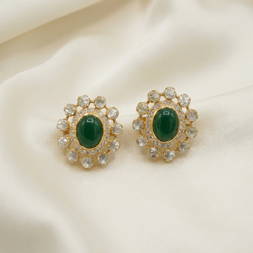 ZEVARAZ Aabha Bahar Studs photographed on cream silk