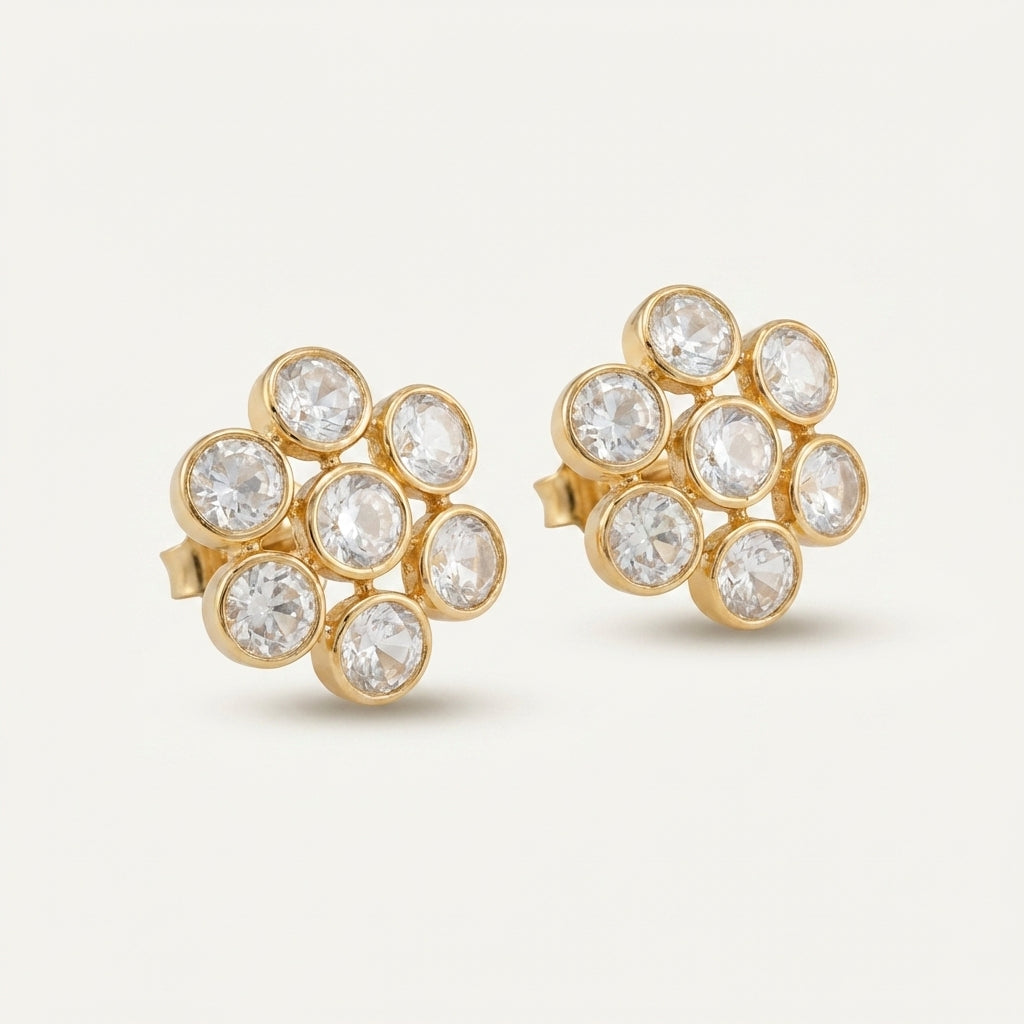 ZEVARAZ Aabha Jyoti Studs, angled view of the seven-stone rosette