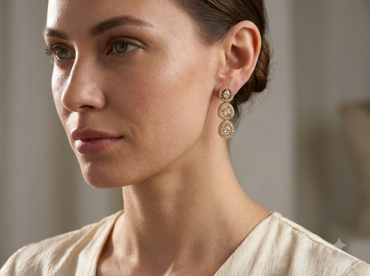 Model wearing the ZEVARAZ Aabha Aarohi Drops, side profile