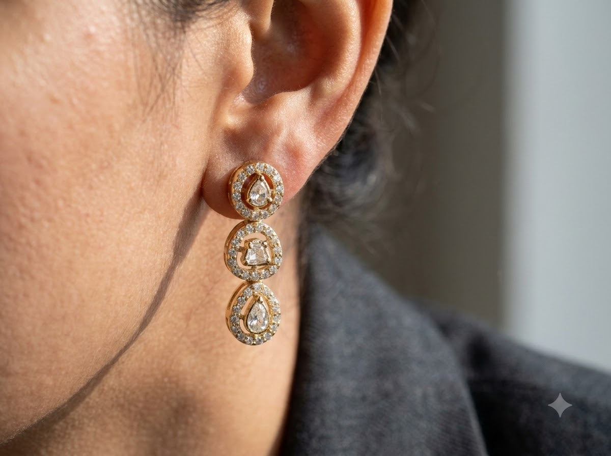 Close view of a model wearing the ZEVARAZ Aabha Aarohi Drops