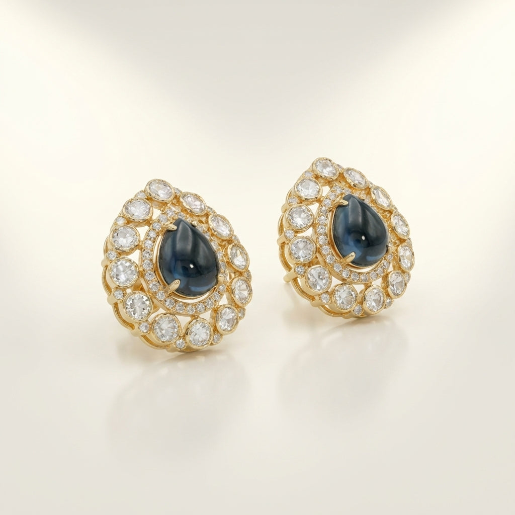 ZEVARAZ Aabha Gagan Studs, angled view of the teardrop frame