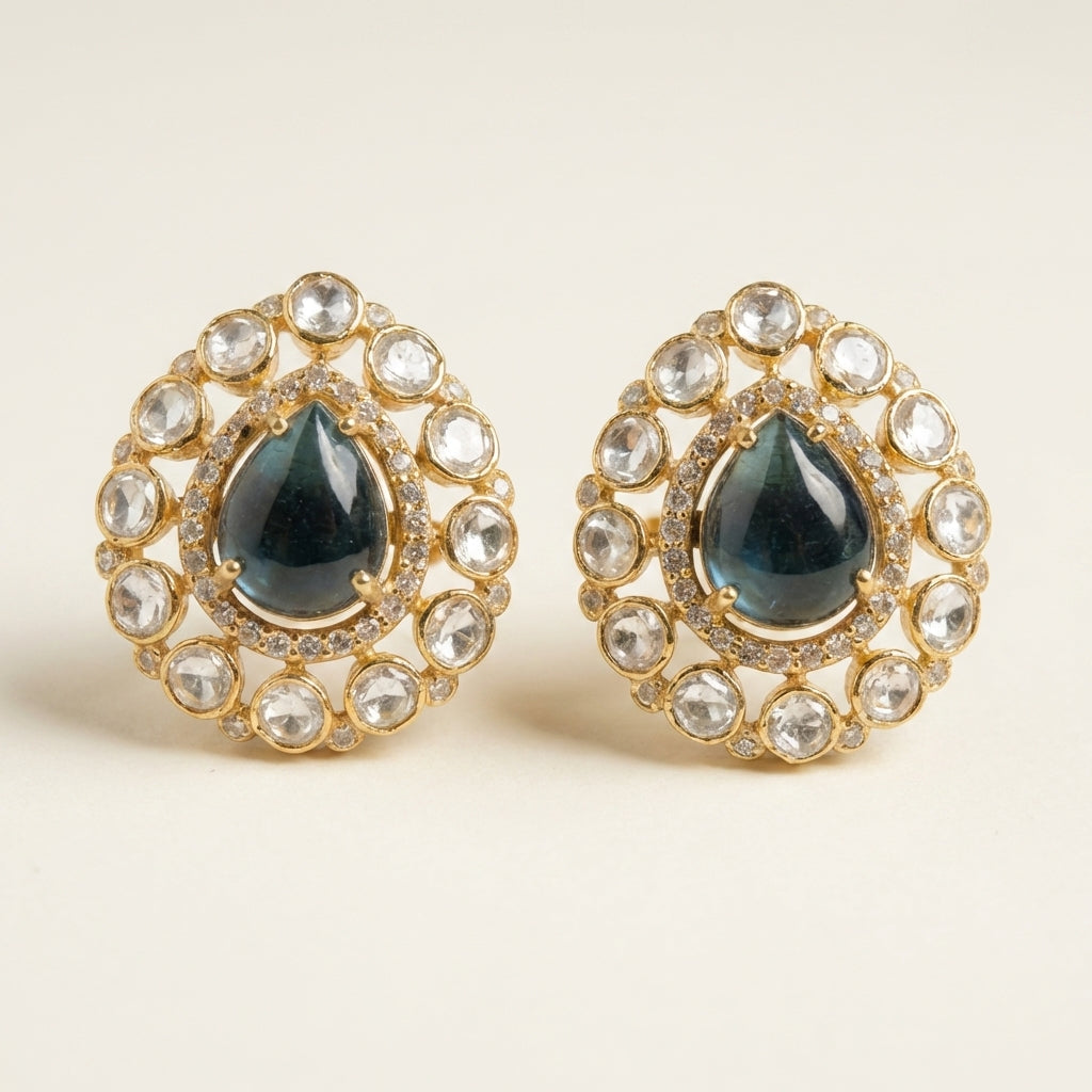 ZEVARAZ Aabha Gagan Studs, close view of the blue green cabochon