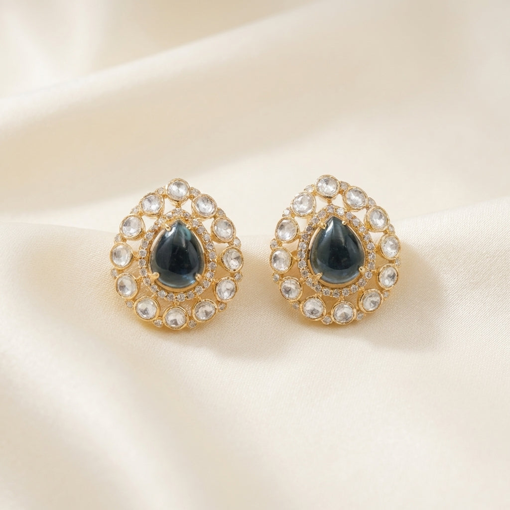 ZEVARAZ Aabha Gagan Studs photographed on cream silk