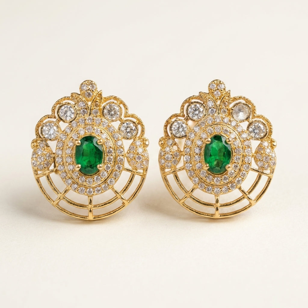 ZEVARAZ Aabha Deepti Studs, close view of the green stone and double halo