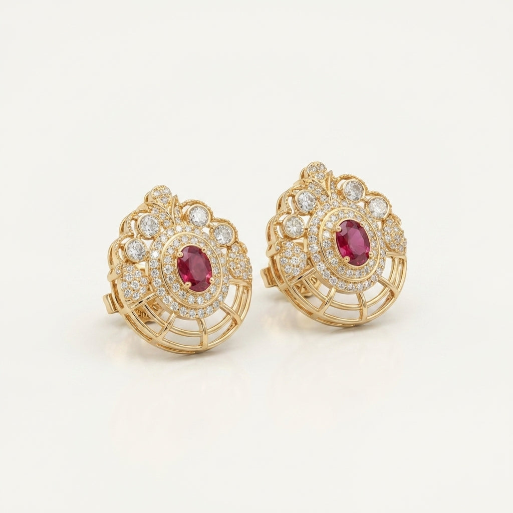 ZEVARAZ Aabha Kesar Studs, angled view of the crown and jaali fan