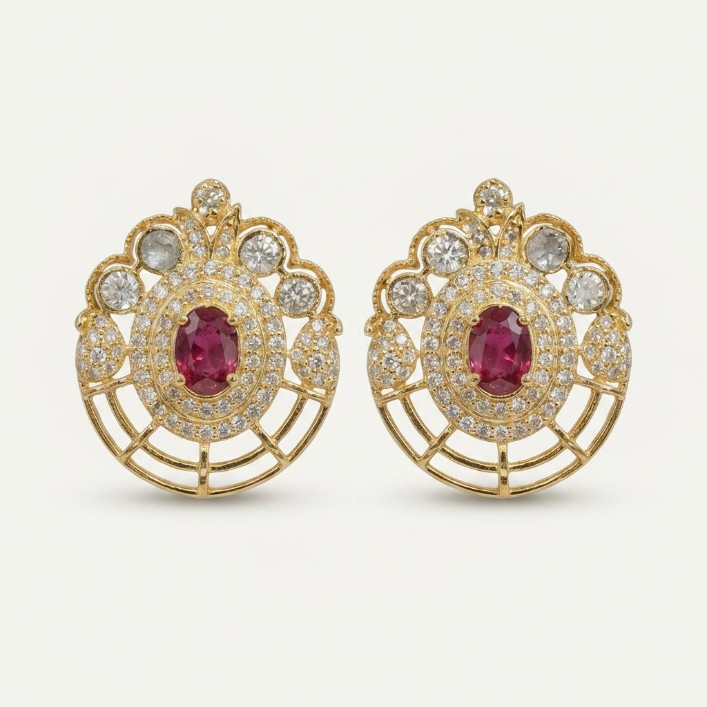 ZEVARAZ Aabha Kesar Studs, close view of the red stone and double halo