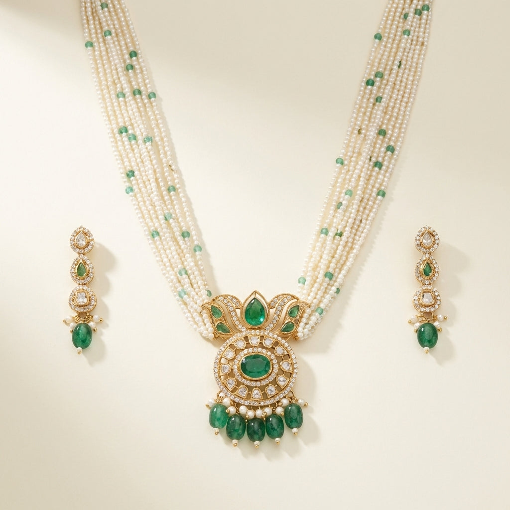ZEVARAZ Aabha Panna Moti rani haar necklace set, front catalog view of the necklace and matching earrings