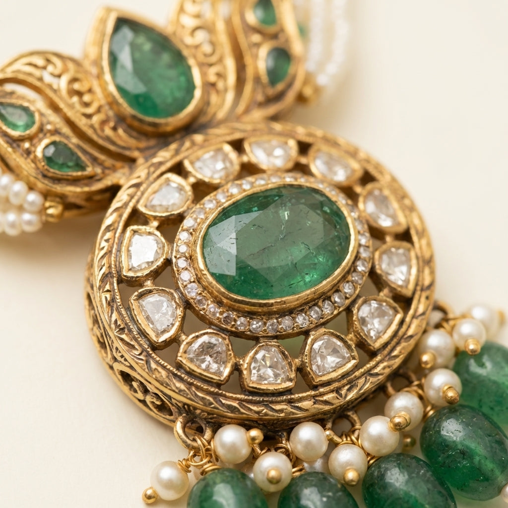 ZEVARAZ Aabha Panna Moti rani haar necklace set, detail of the pearl strands and green bead spacers