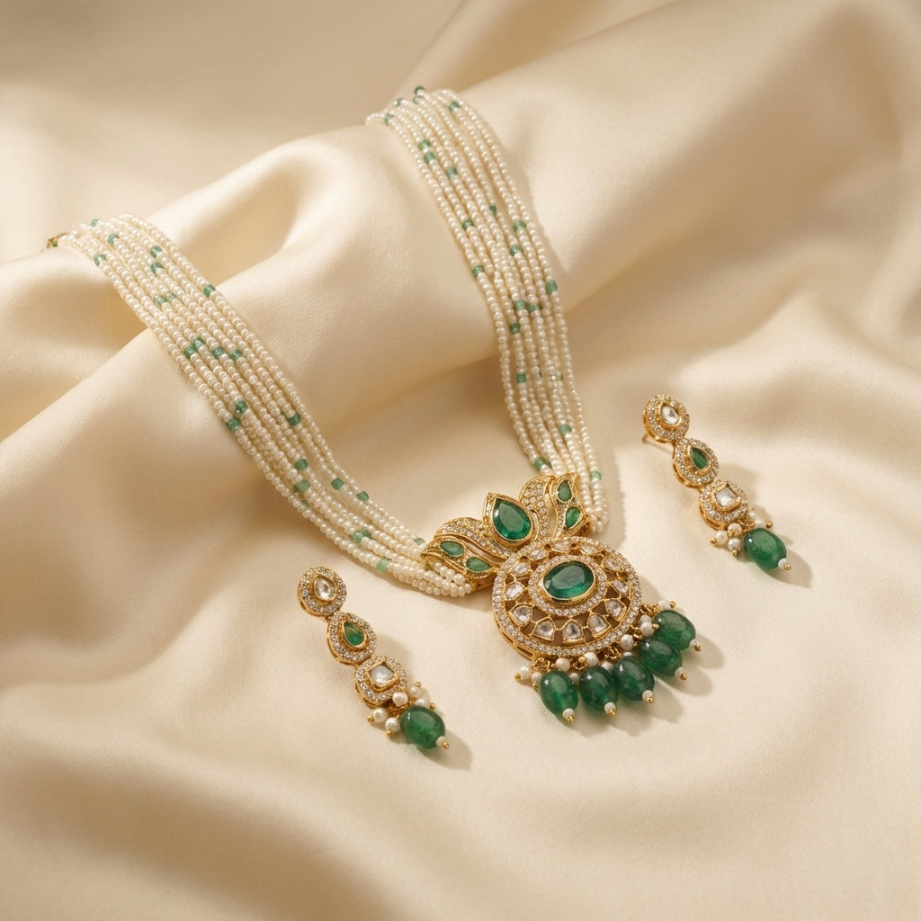 ZEVARAZ Aabha Panna Moti rani haar necklace set, angled view showing the length of the rani haar