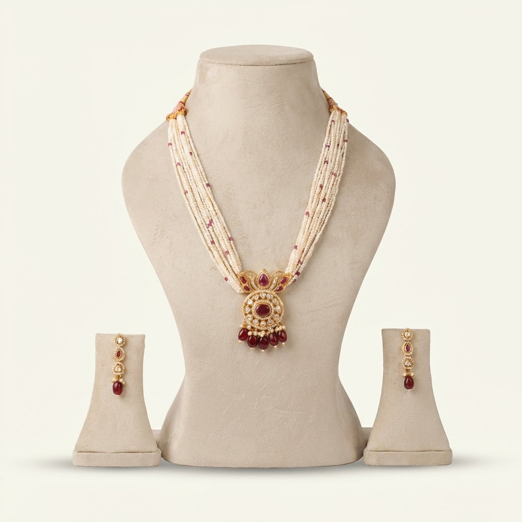 ZEVARAZ Aabha Laal Moti rani haar necklace set, front catalog view on a display bust with matching earrings
