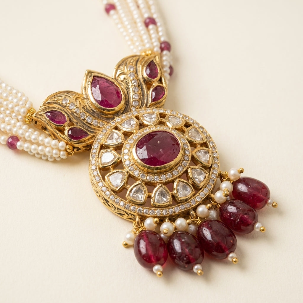 ZEVARAZ Aabha Laal Moti rani haar necklace set, detail of the pearl strands and red bead spacers