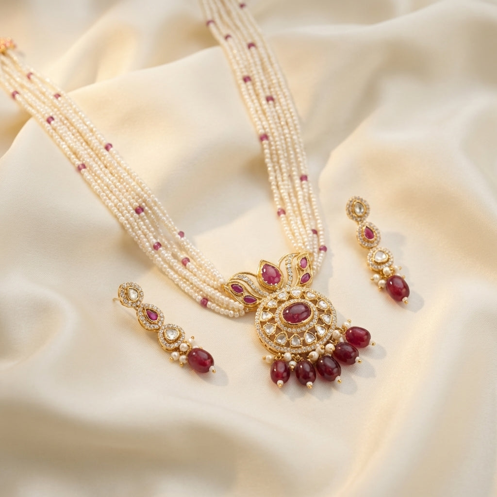 ZEVARAZ Aabha Laal Moti rani haar necklace set, side view showing the shoulder caps and drop